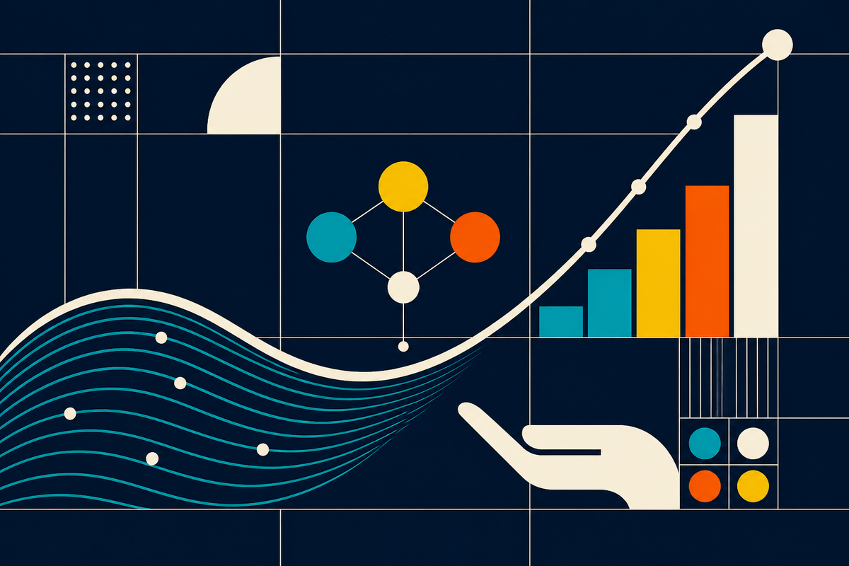Abstract Swiss-style composition of waves, connected nodes, a supporting hand and a rising chart