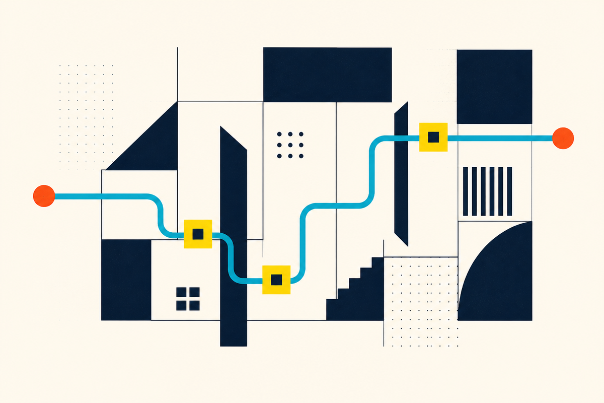 Abstract geometric route crossing separate navy compartments through yellow trust checkpoints