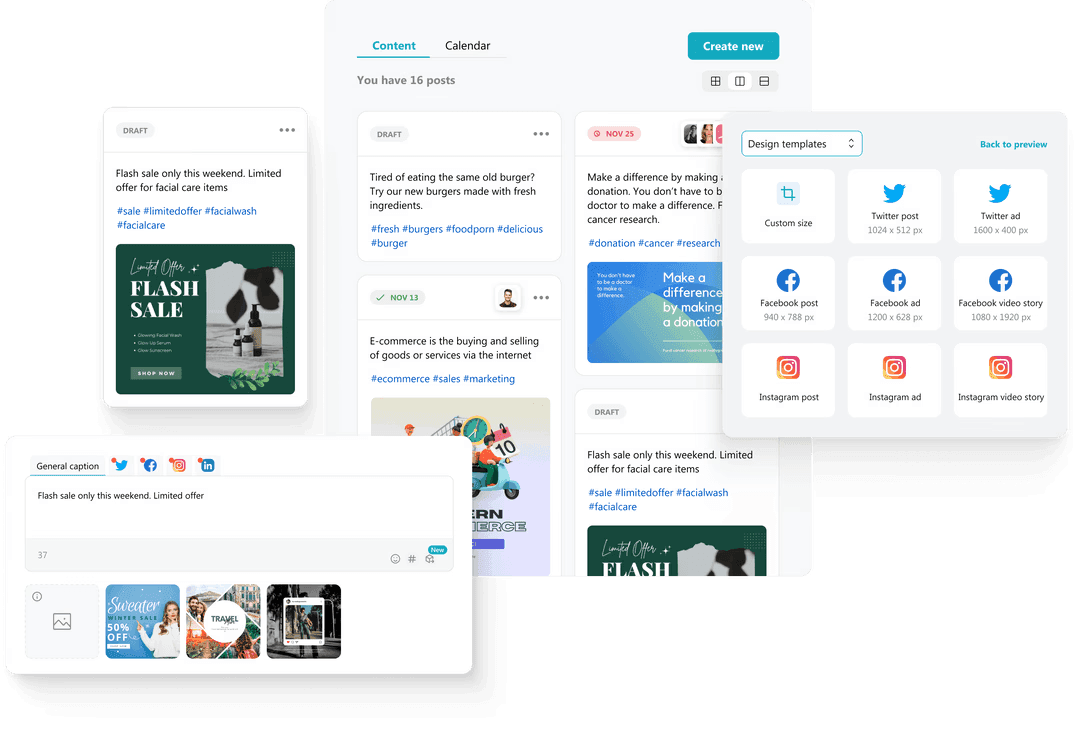 Ocoya interface showing posts, caption editor, and social design templates
