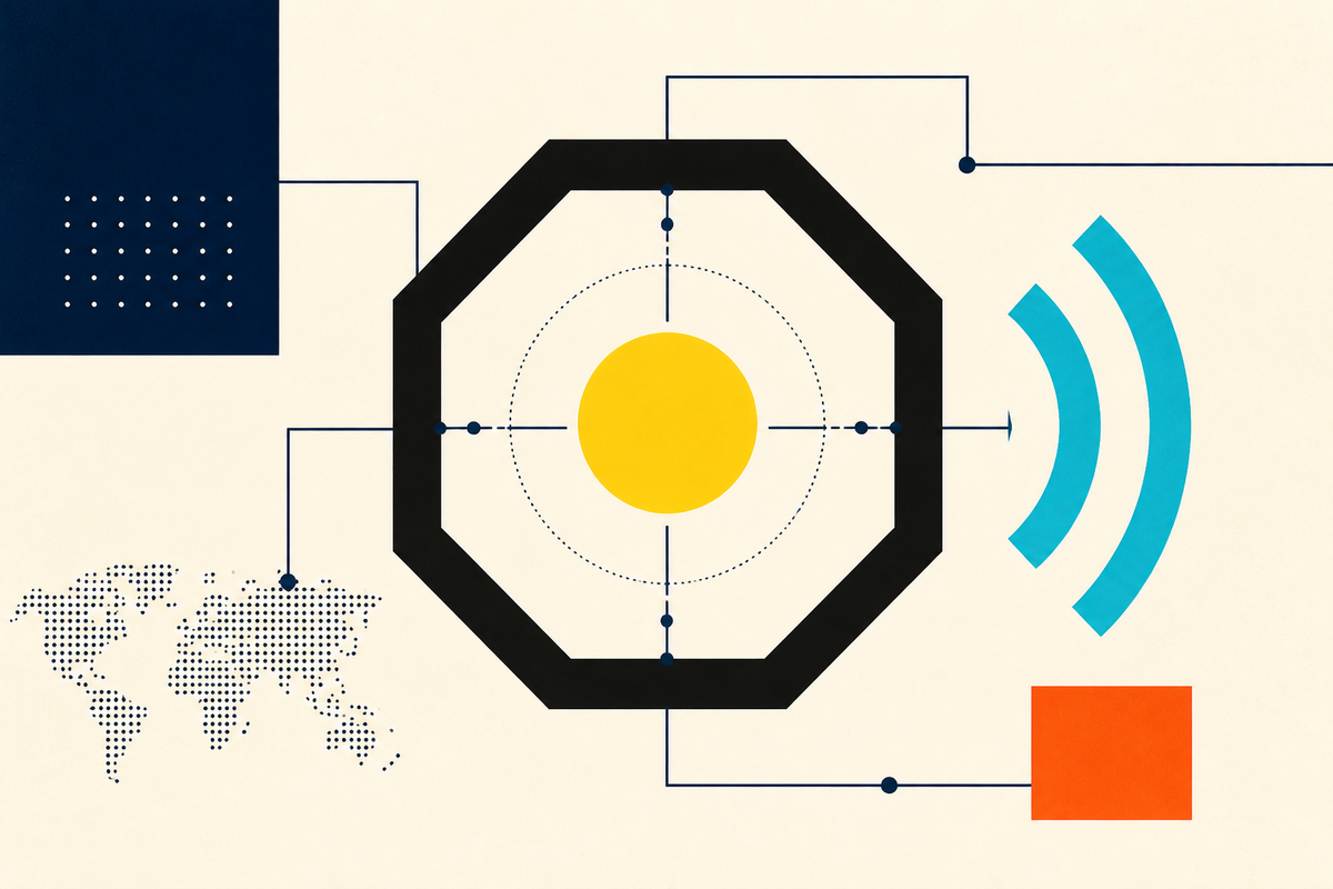 Abstract Swiss-style illustration of an octagonal arena connected to broadcast, data and global market symbols