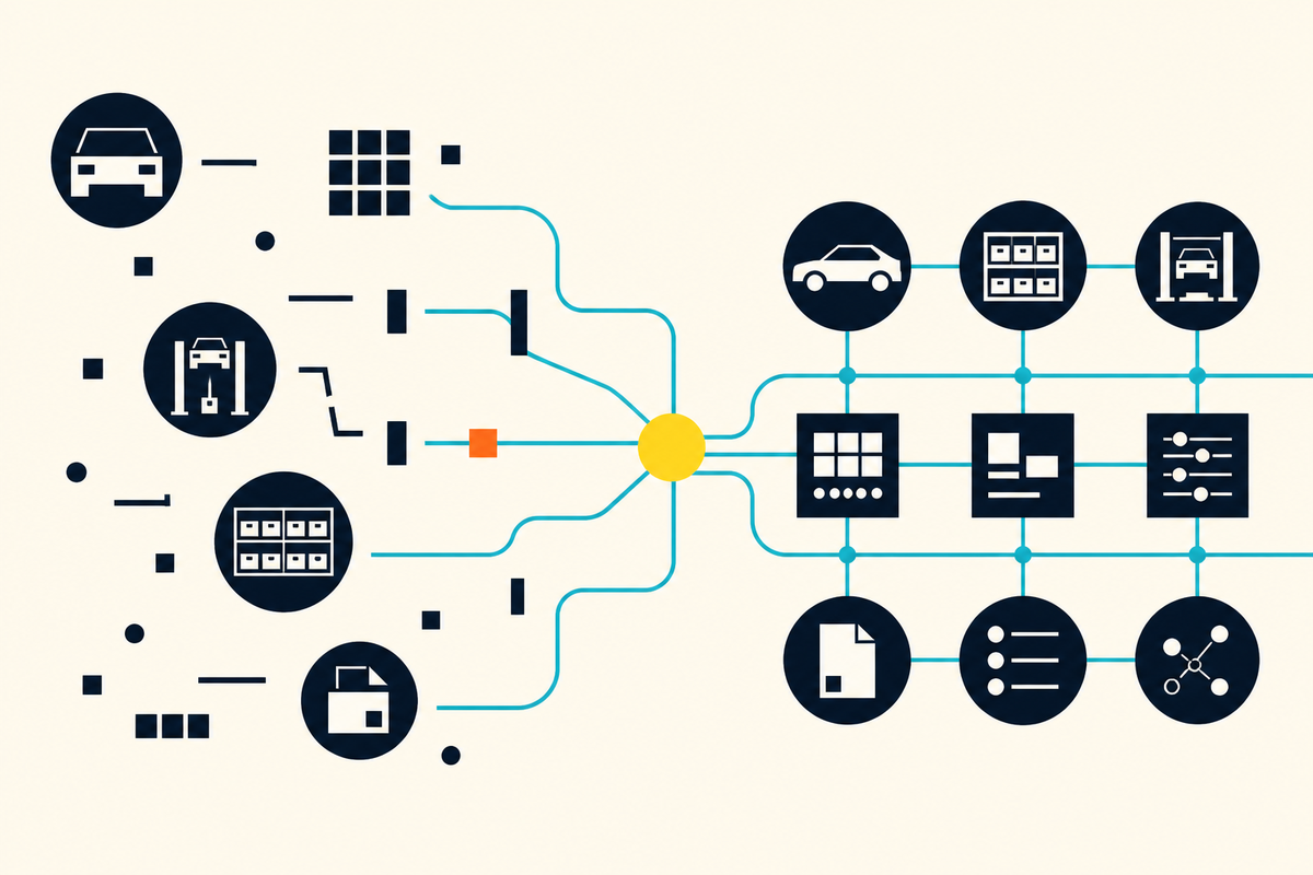 Abstract Swiss-style diagram showing fragmented automotive tasks converging into a connected network