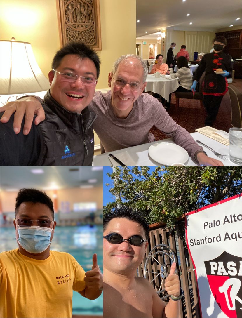 Victor Fang and Ofer Ben-Shachar smiling at a restaurant, above two swimming photographs of Fang