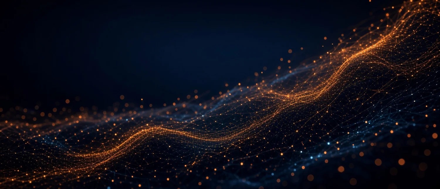 An abstract network of orange and blue points on a dark background