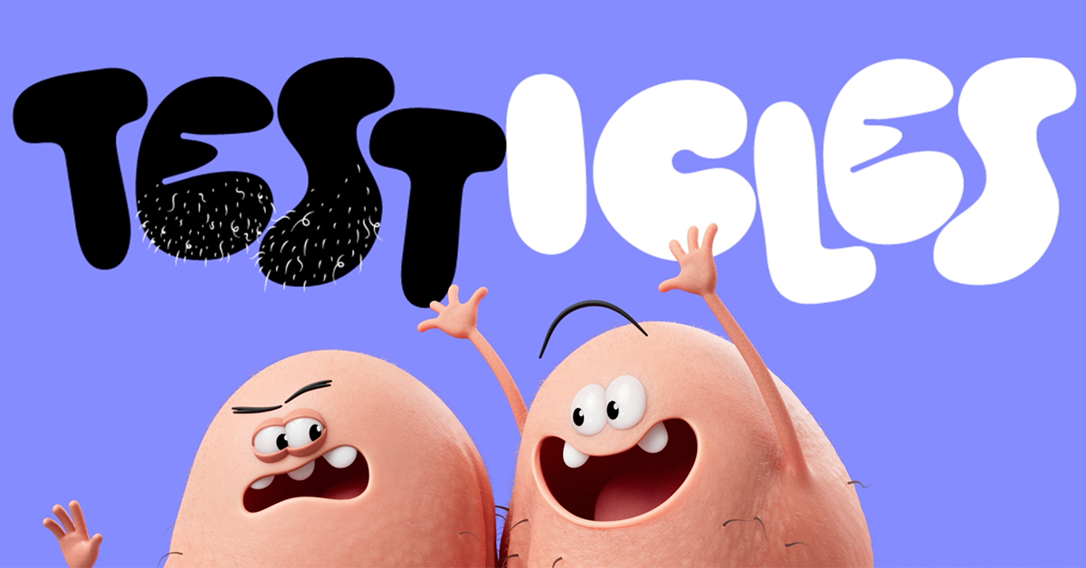 Two animated testicle characters beneath the TEST-ICLES campaign title