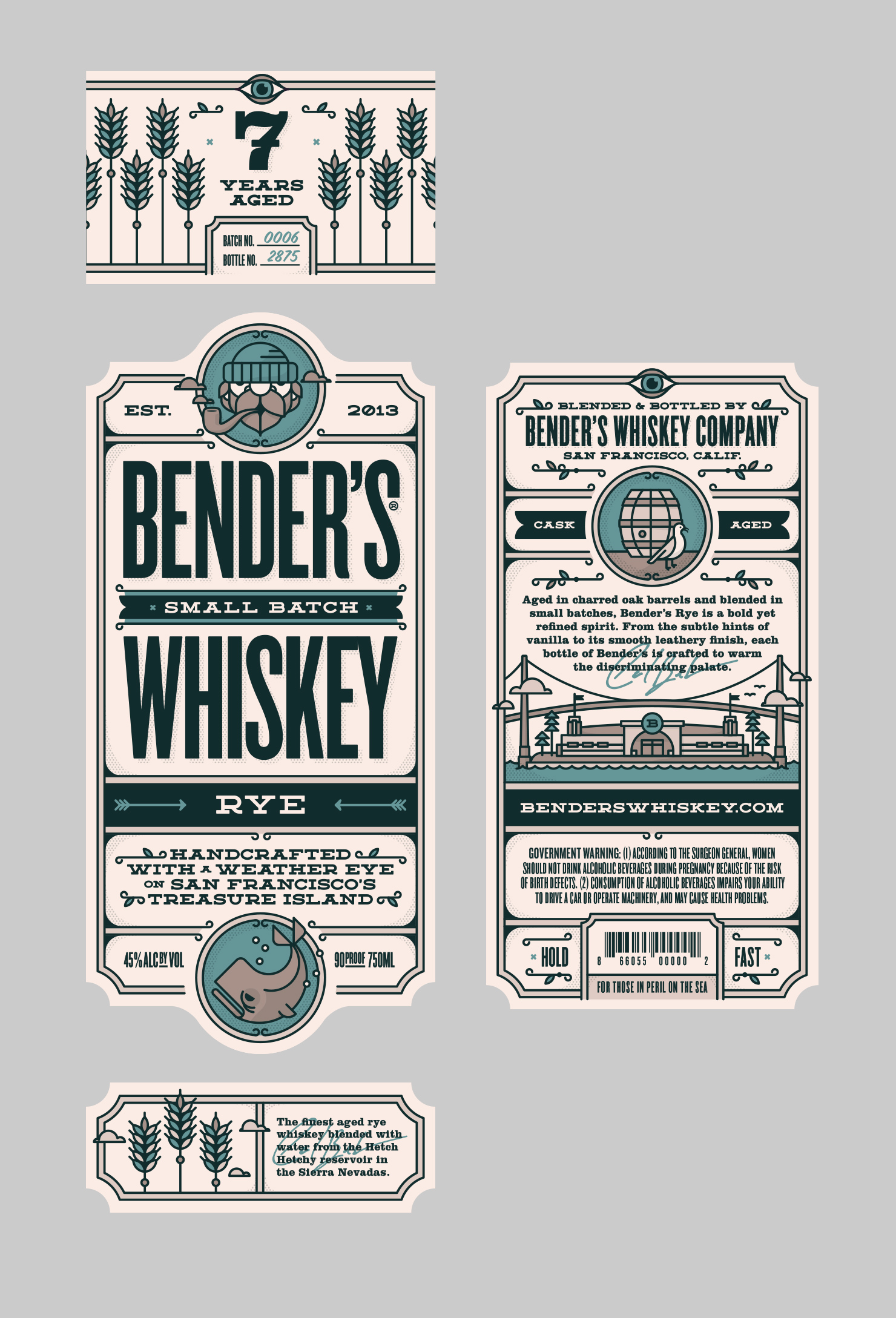 Bender’s Rye Whiskey label artwork with nautical characters, grain and tall lettering