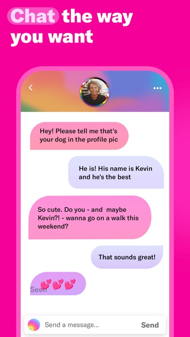 Official OkCupid App Store screenshot showing a conversation about a dog
