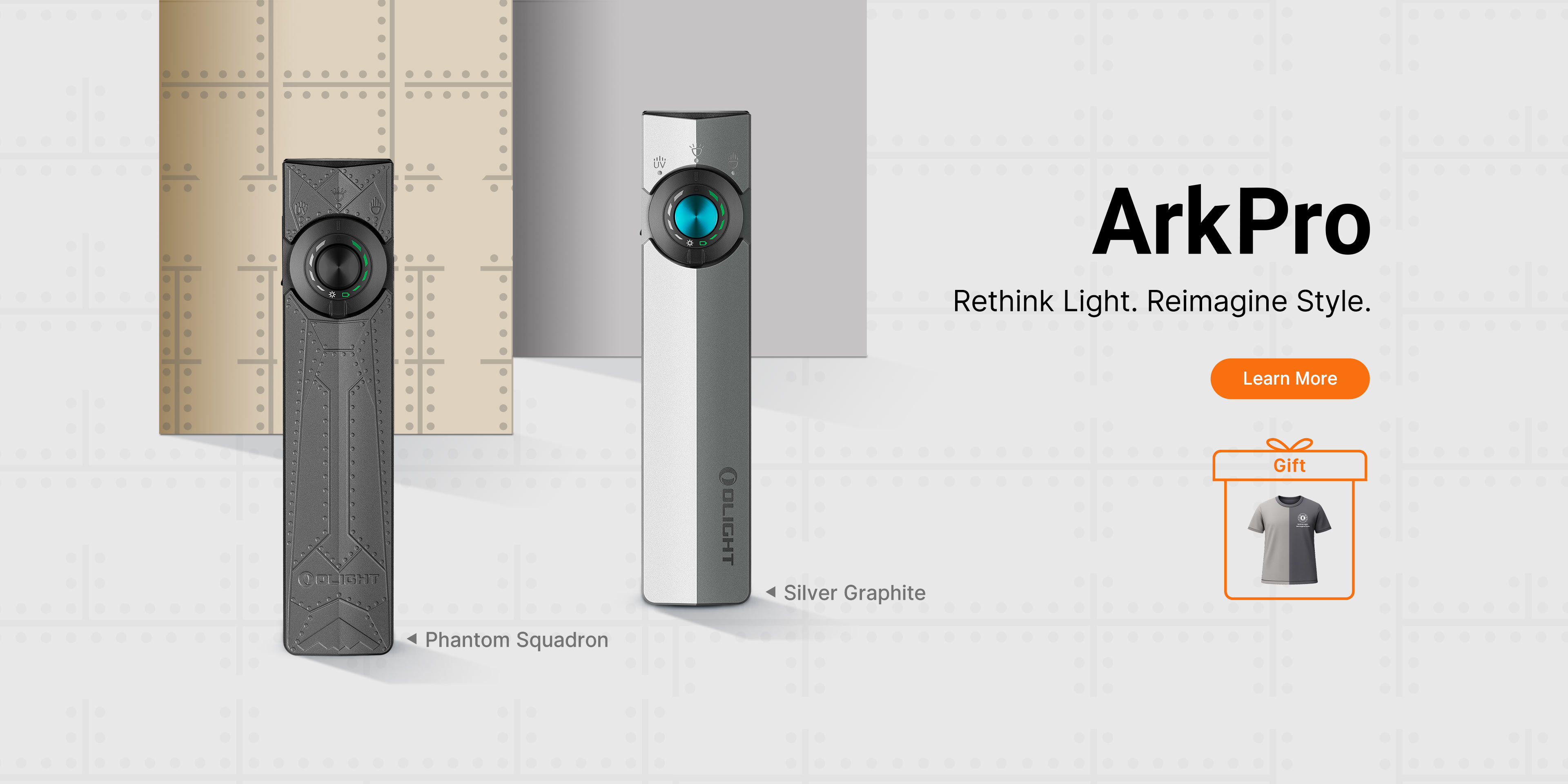 An Olight ArkPro campaign showing two flat pocket flashlights in silver and dark finishes