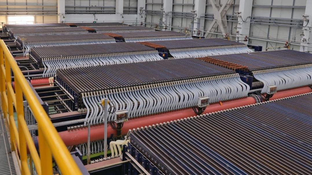 Rows of closely spaced industrial cell equipment inside a manufacturing building