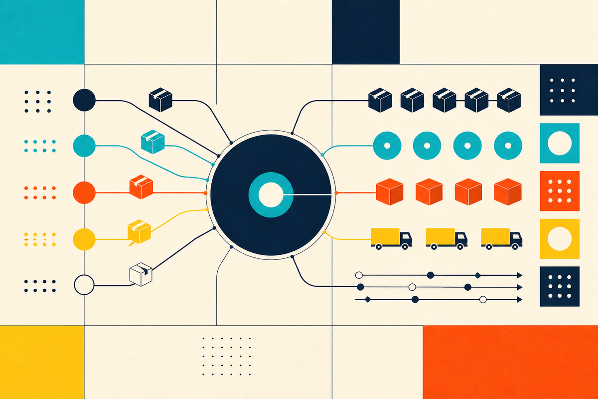 Geometric Swiss-style illustration of commerce channels flowing through one central operating hub into organized parcels, payments and delivery routes