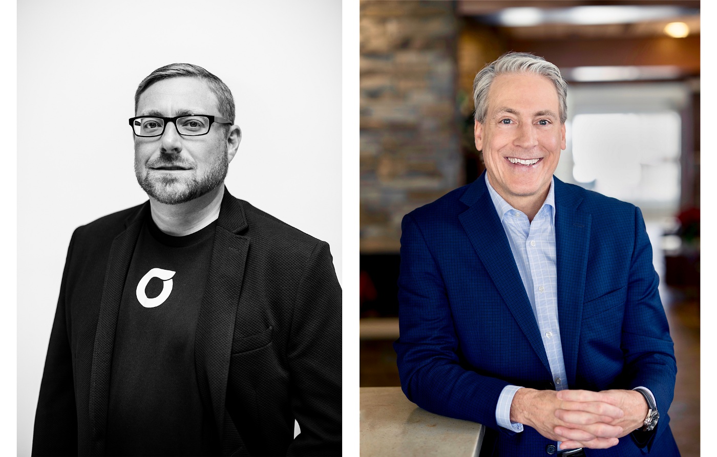Portraits of Olive co-founder Sean Lane on the left and board member Ron Paulus on the right