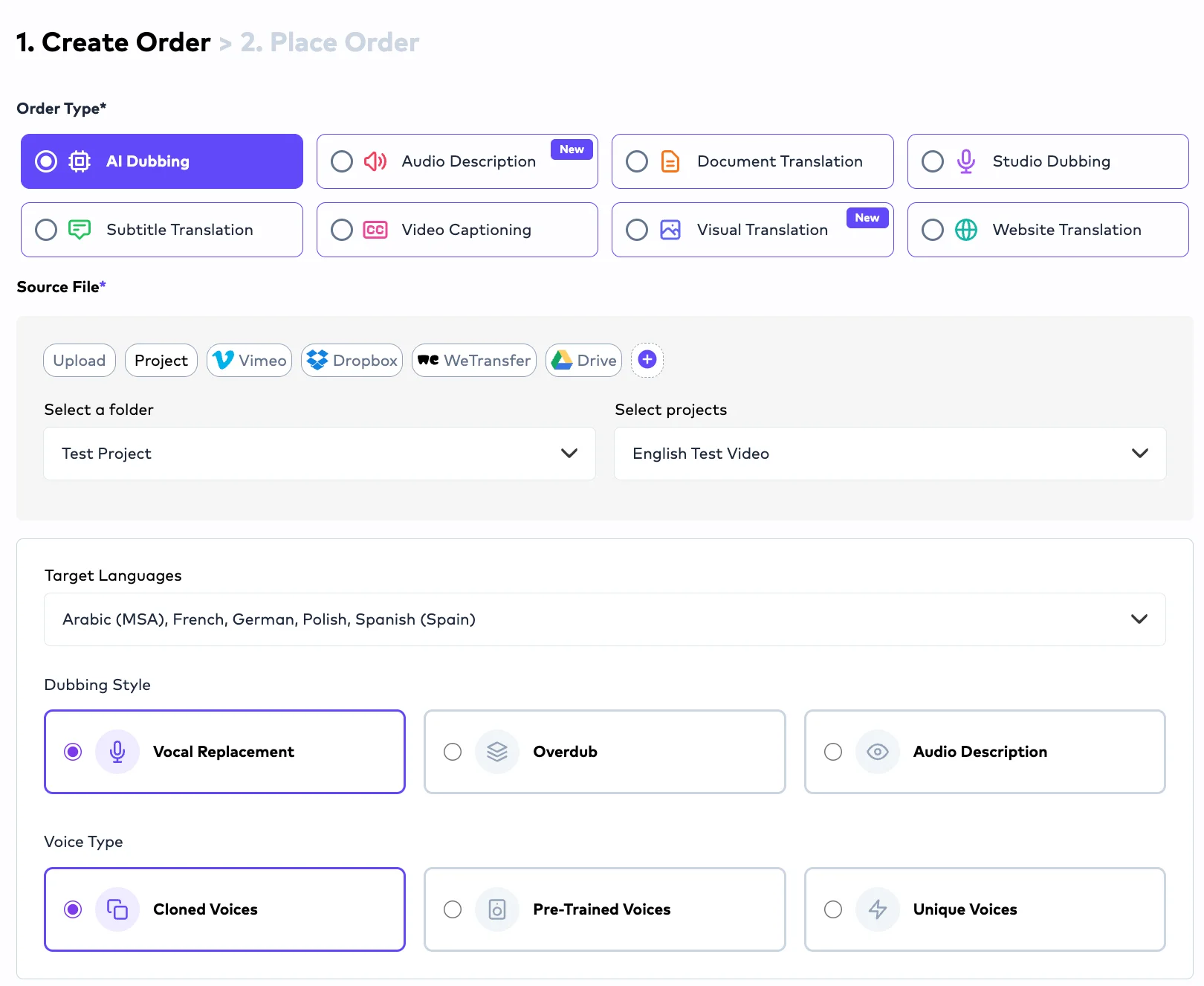 Ollang order creation screen showing localization services, source files, languages, and voice options