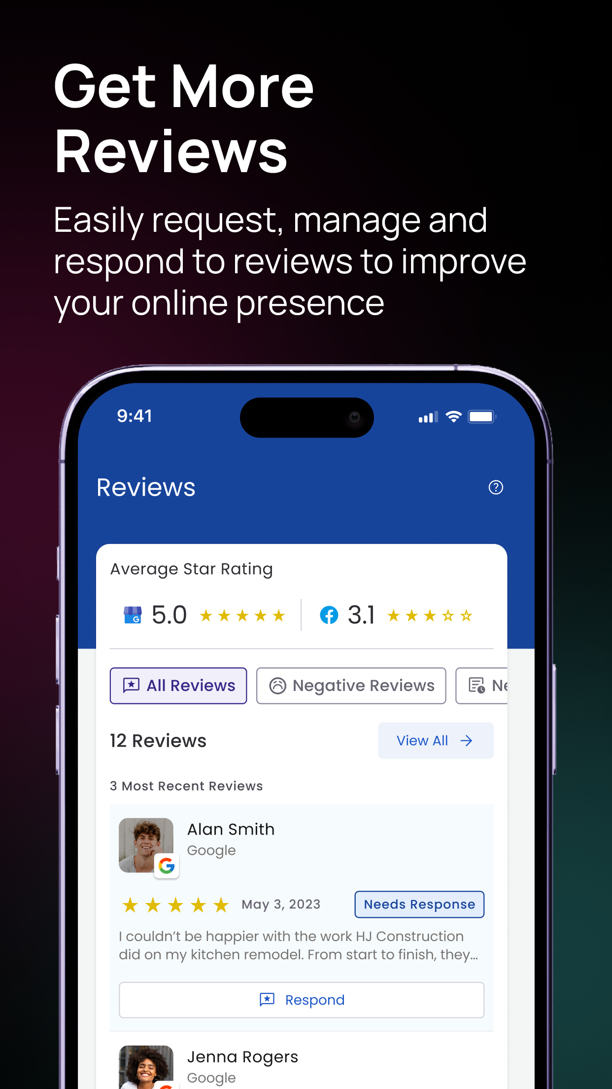 Olly Olly App Store promotional image showing its review-management screen