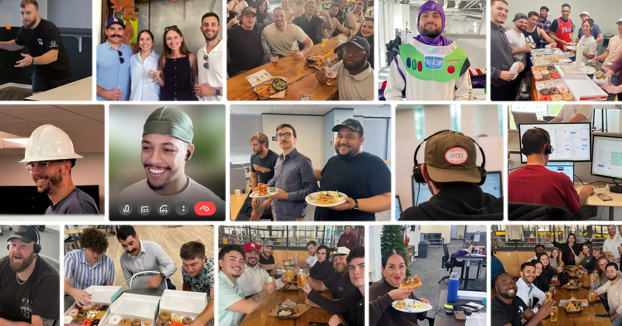Olly Olly team collage featuring office work, shared meals, video calls, and costumes