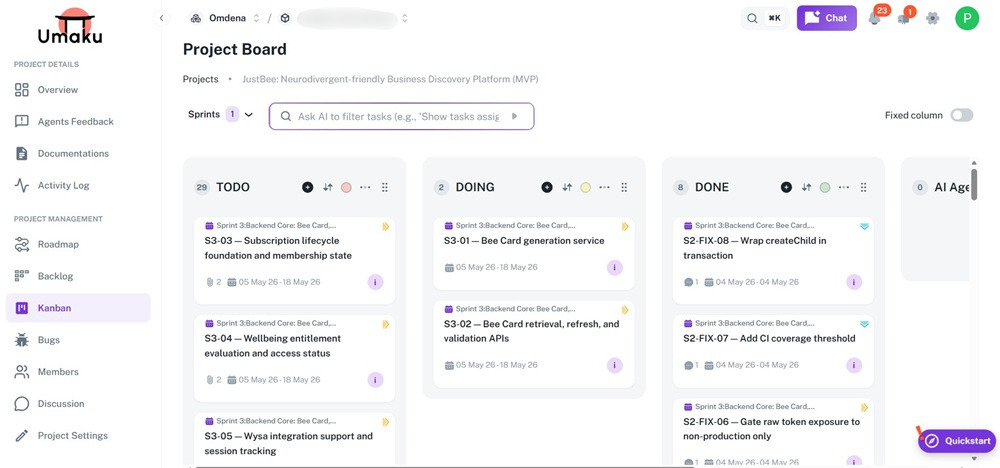Screenshot of the Umaku project board published in Omdena’s development cost guide