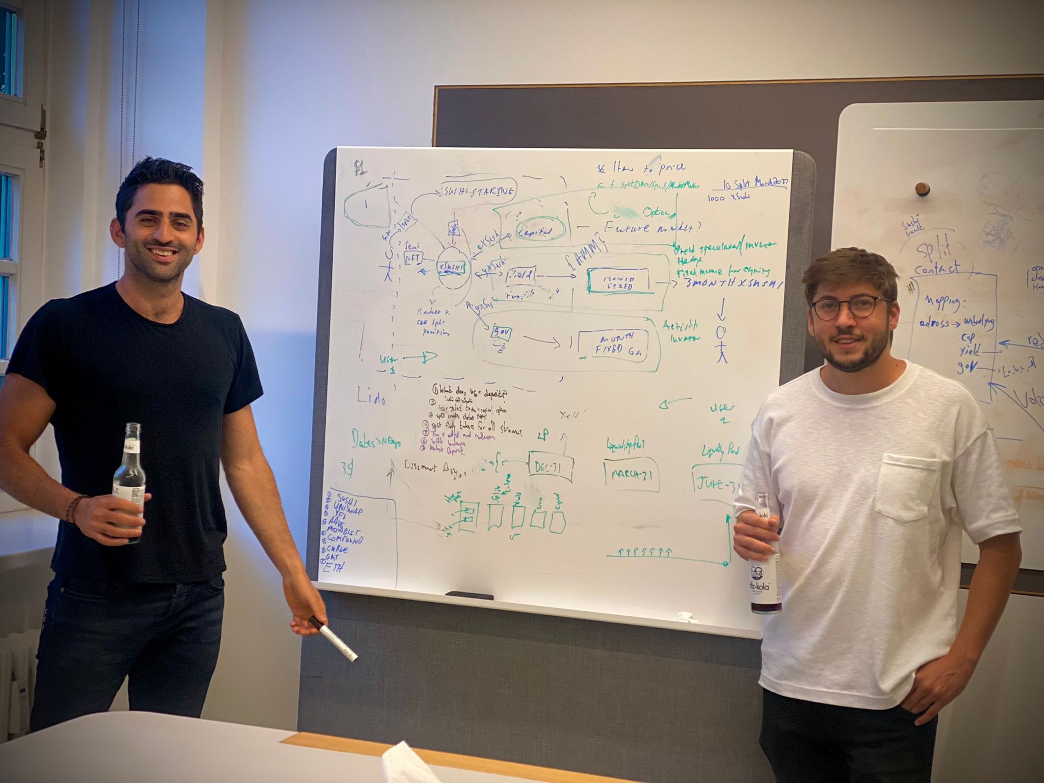 Omer Goldberg, left, and Yonatan Haimowitz beside a whiteboard at an early DeFi workshop in Berlin