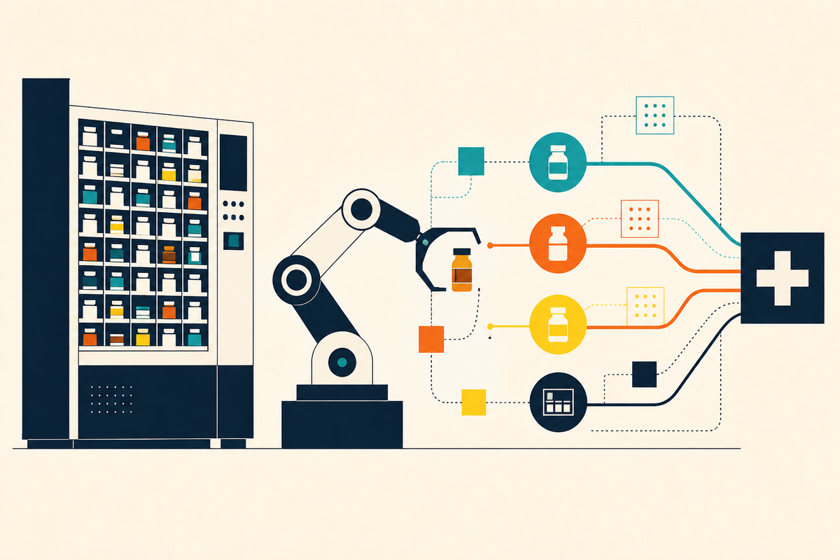 Abstract Swiss-style illustration of a medication cabinet, robotic arm, vial pathways and hospital cross