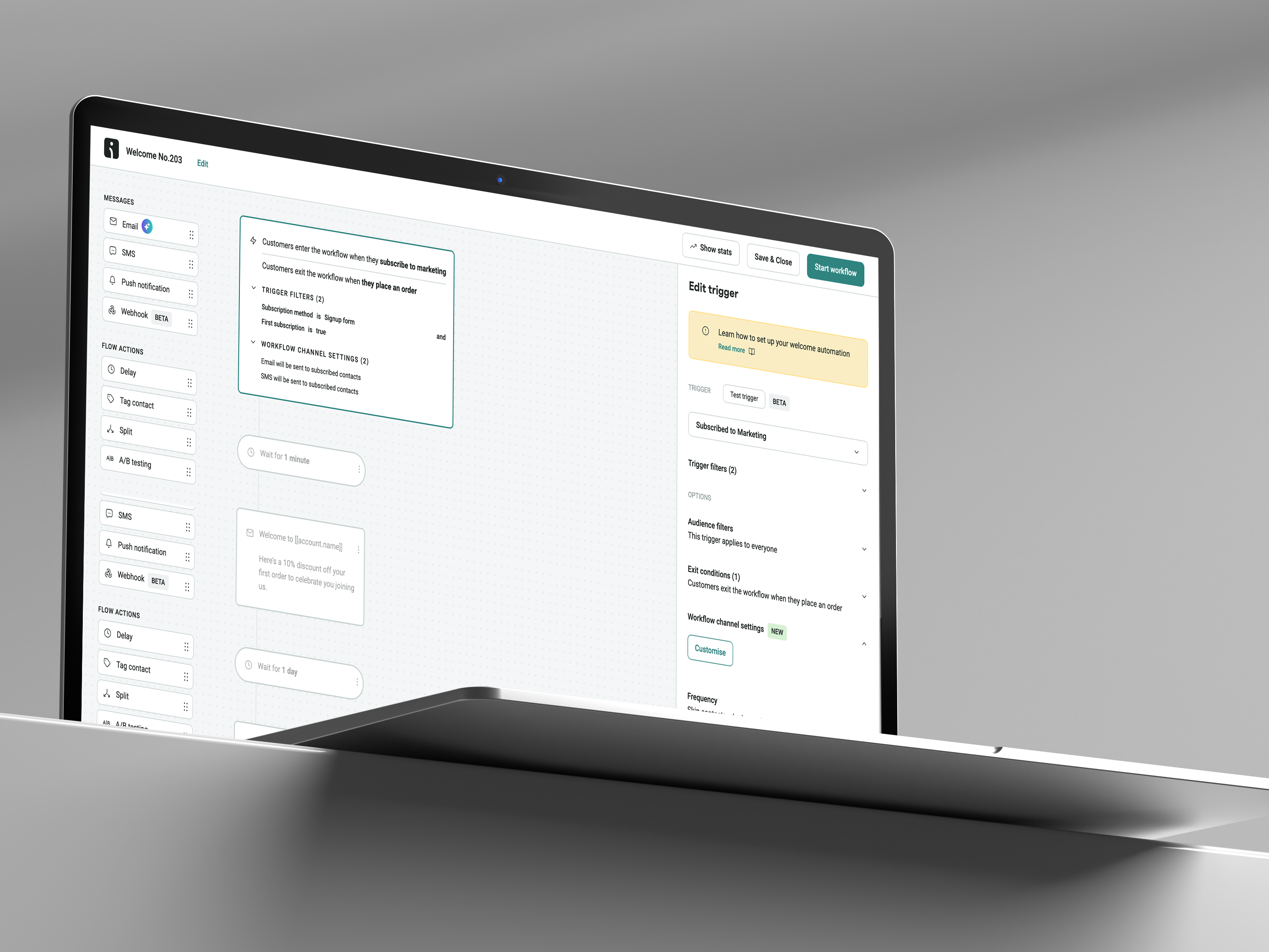 Omnisend automation builder showing welcome workflow triggers, delays, and exit conditions