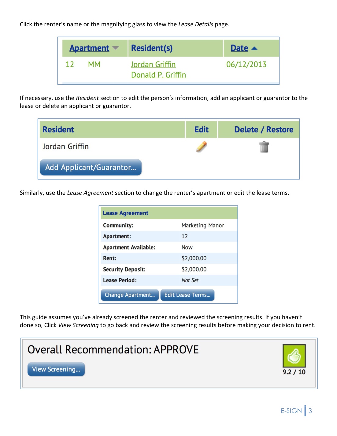 Historical On-Site guide showing resident, guarantor and lease details with a sample screening recommendation
