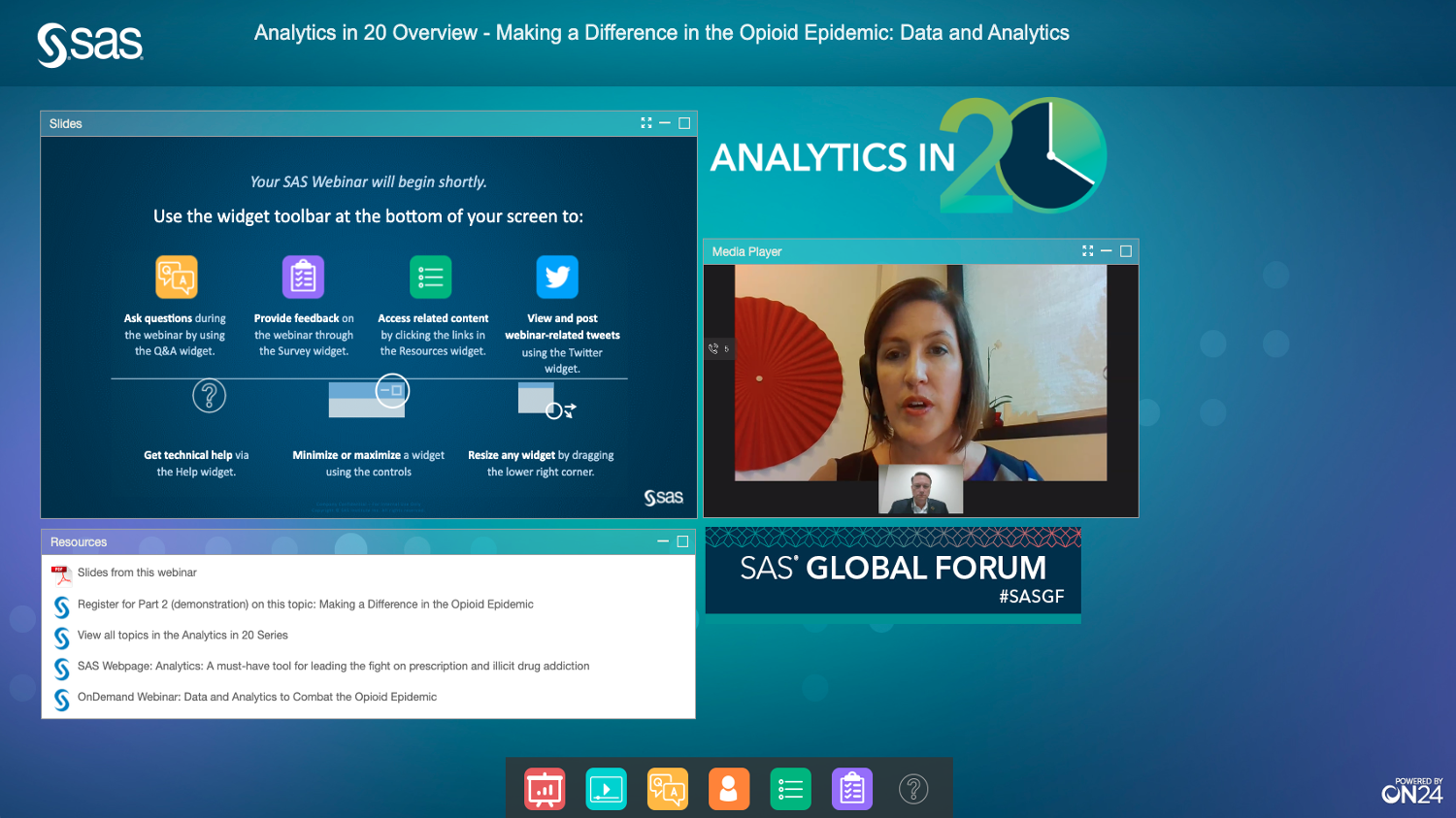 Historical ON24 webinar interface with a SAS presentation, presenter video, questions and downloadable resources