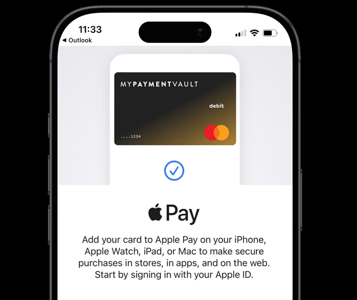 Onbe product illustration showing a MyPaymentVault card being added to Apple Pay