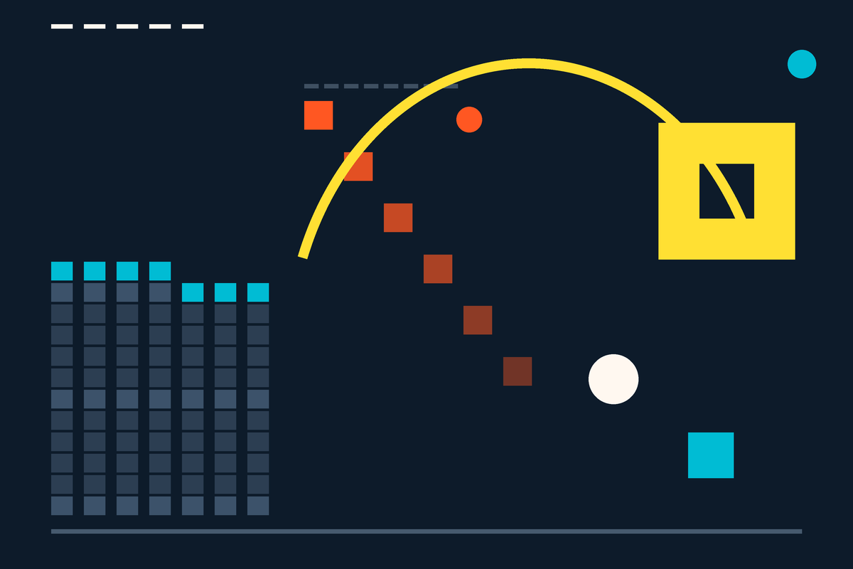 Abstract Swiss-style diagram: a stacked field of signed customers on the left, a descending staircase of fading squares showing churn, and a single yellow arc bridging the gap to a surviving renewal on the right.