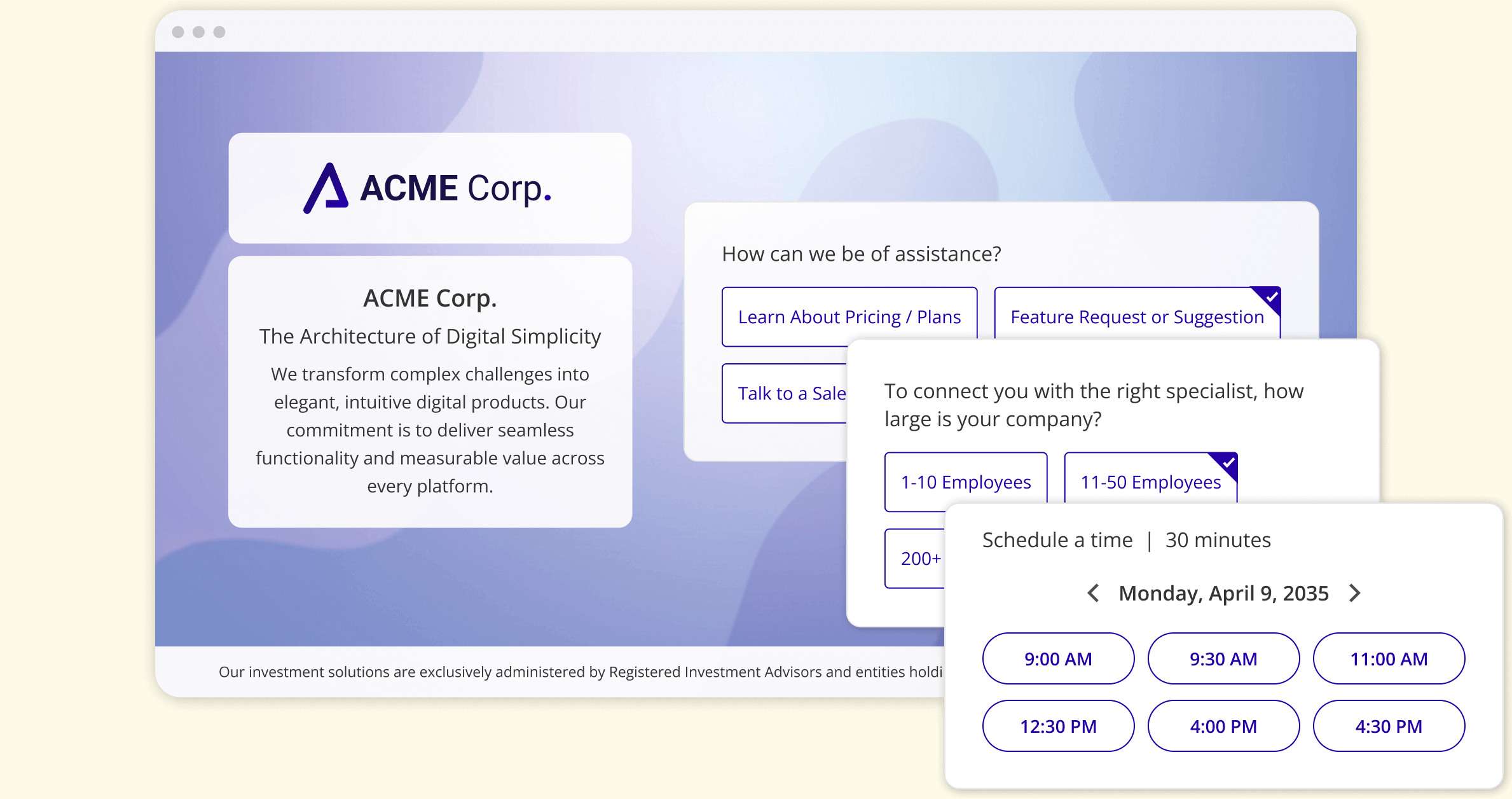 OnceHub routing form product interface showing a screening and scheduling flow