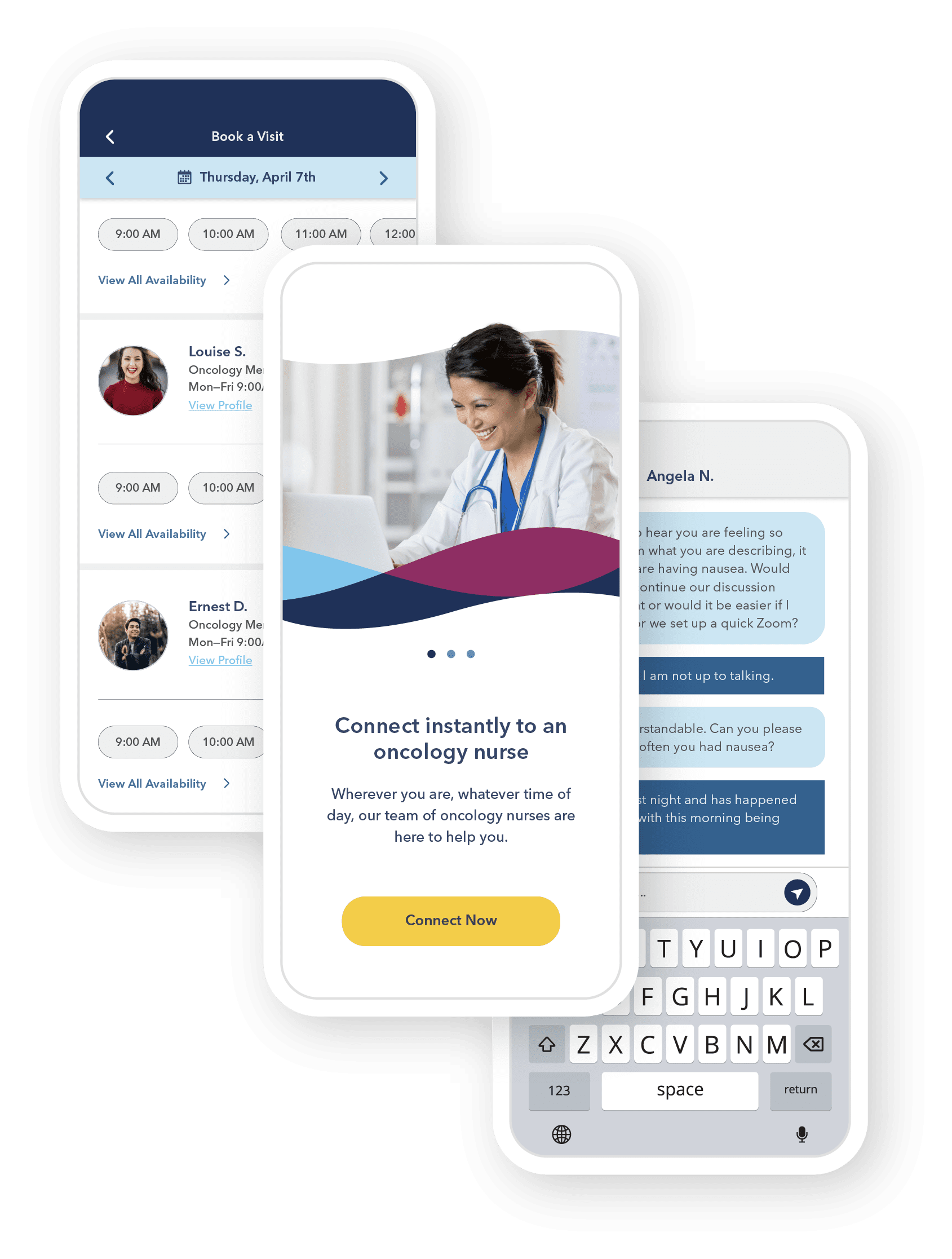 Iris product illustration showing appointment booking and messaging with an oncology nurse