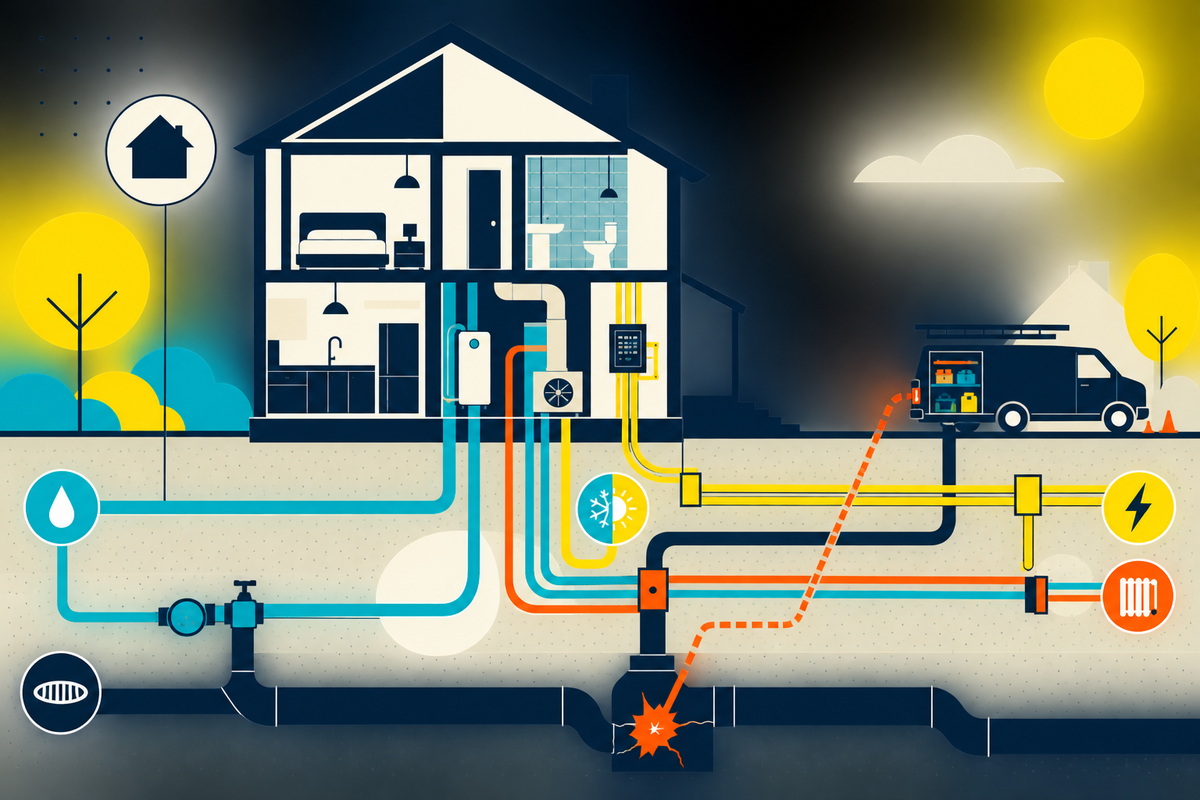 Abstract Swiss-style cutaway of a house, buried service lines and a repair route