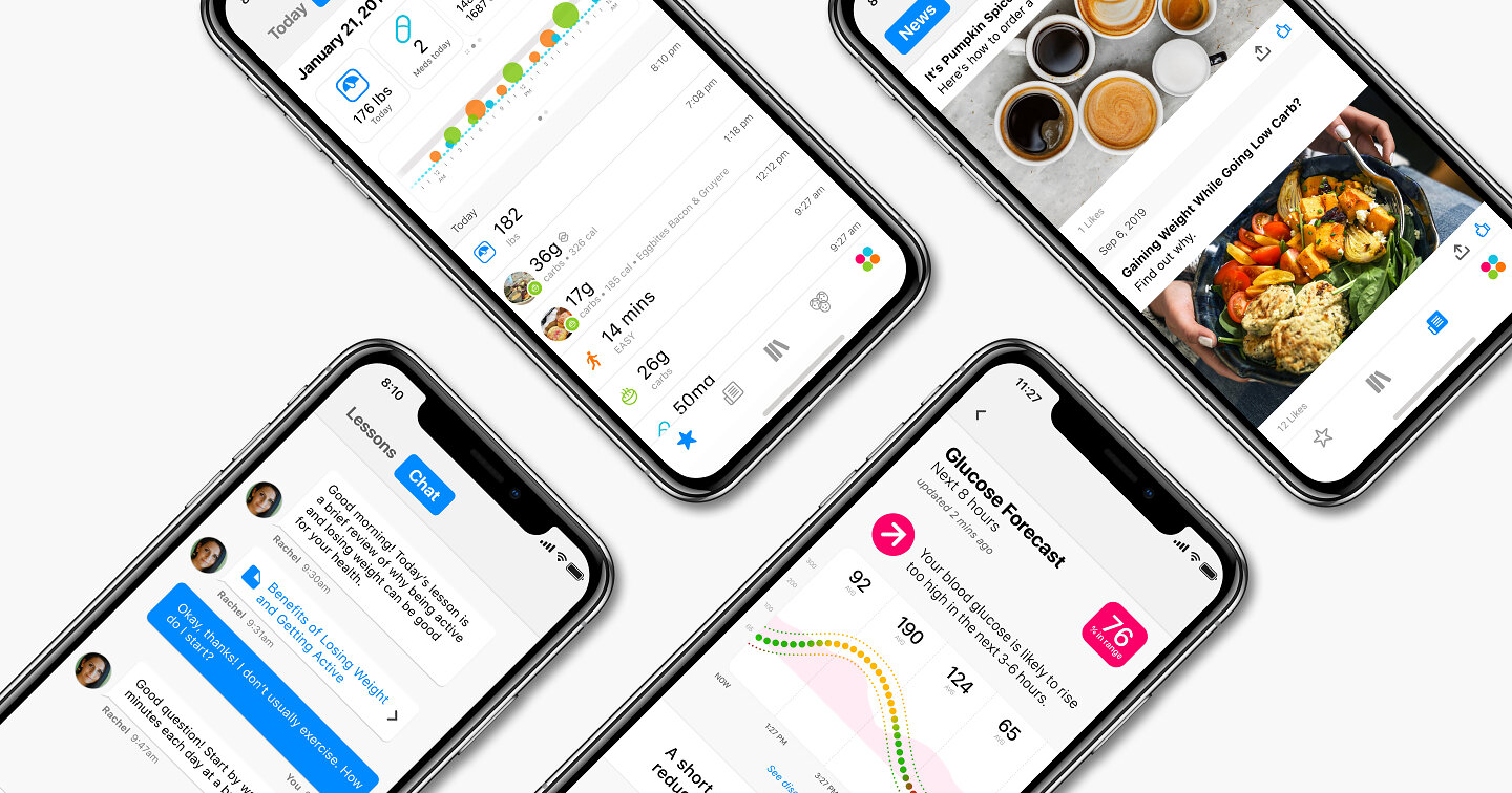 Historical One Drop mobile app screens showing health tracking and coaching