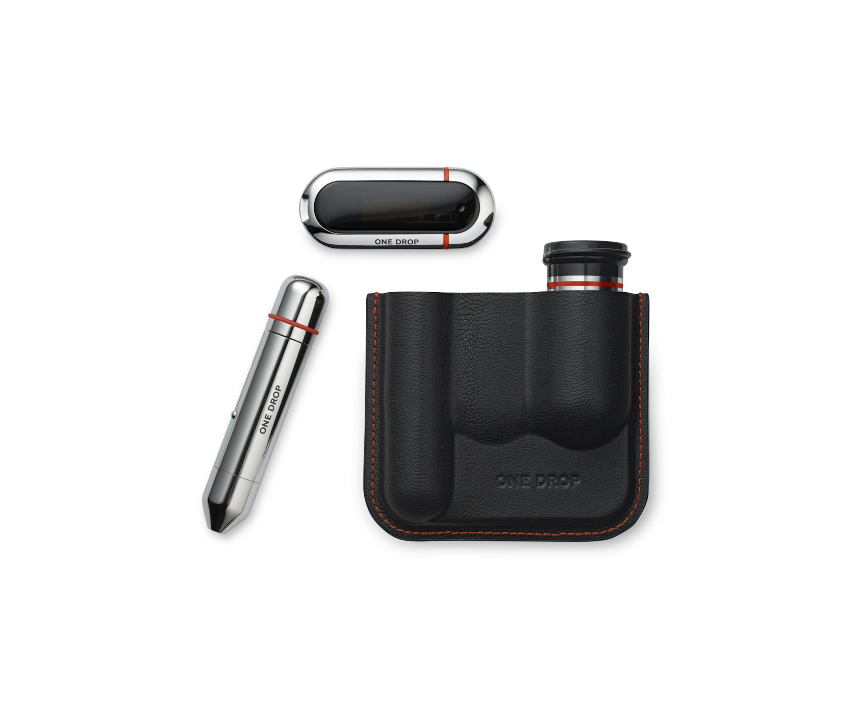 One Drop’s polished glucose meter, strip vial and lancing device arranged beside their fitted black carry case