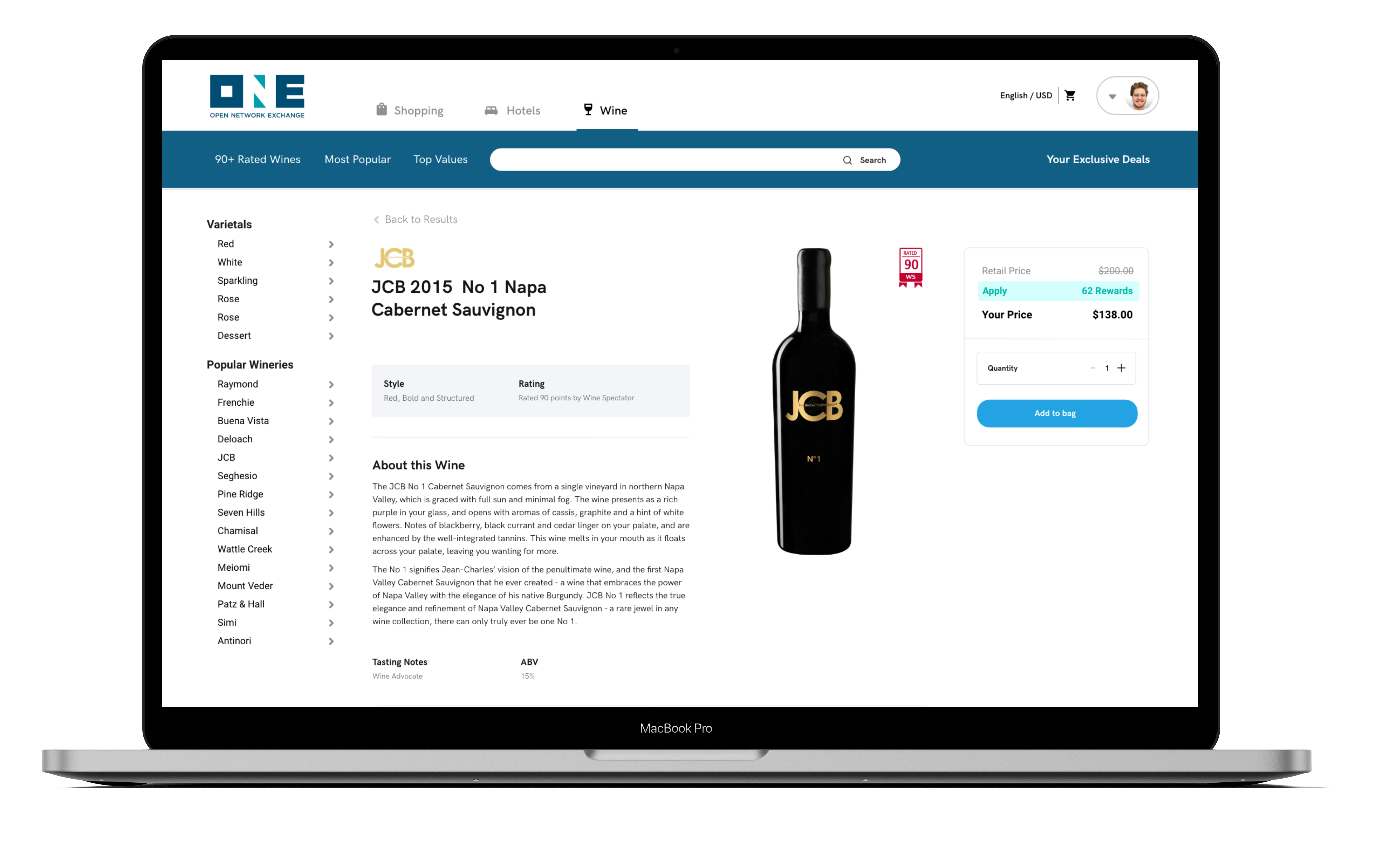 ONE marketplace product mockup displaying a wine product page on a laptop