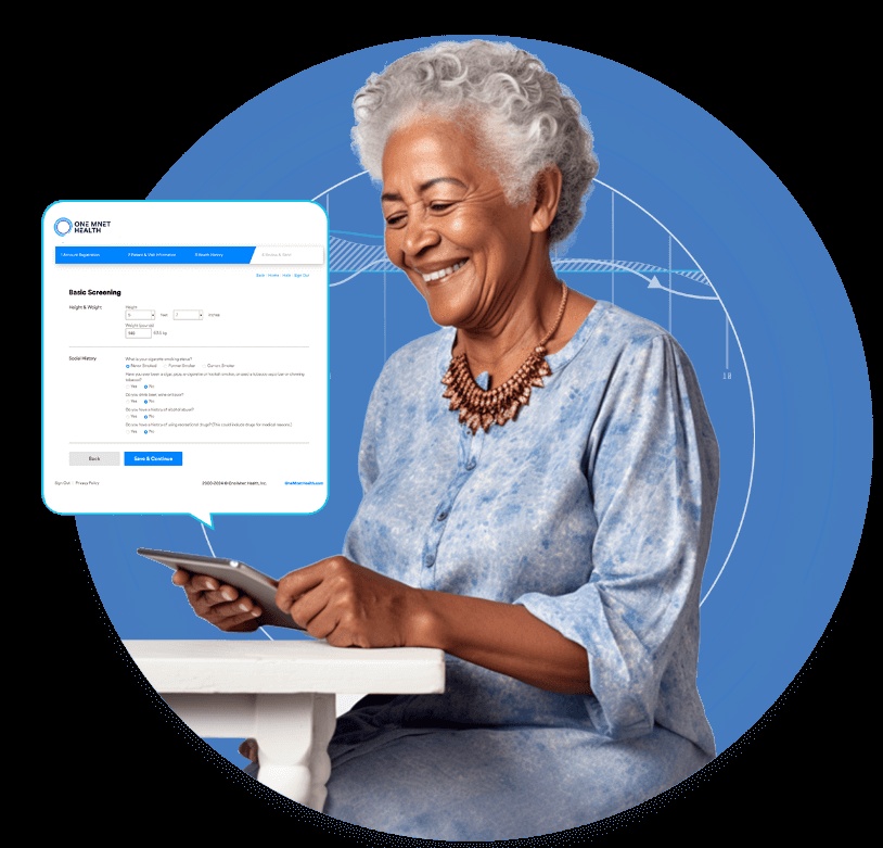 Company marketing image combining a patient using a tablet with an online screening form