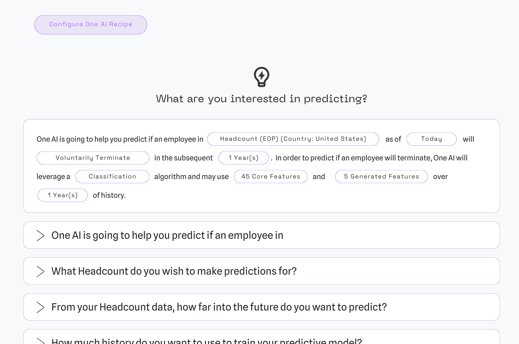 One AI Recipes screen configuring a prediction of voluntary employee departure over a future year