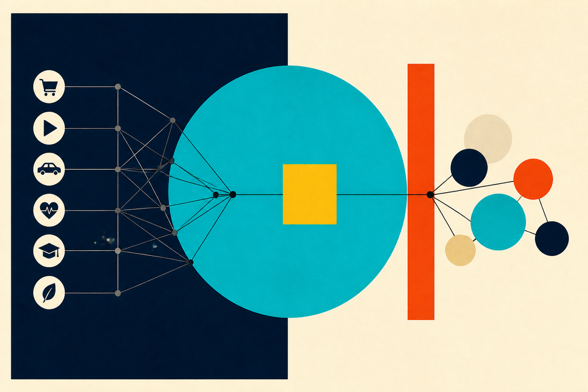 Abstract Swiss-style illustration connecting marketplace sectors, capital and community outcomes