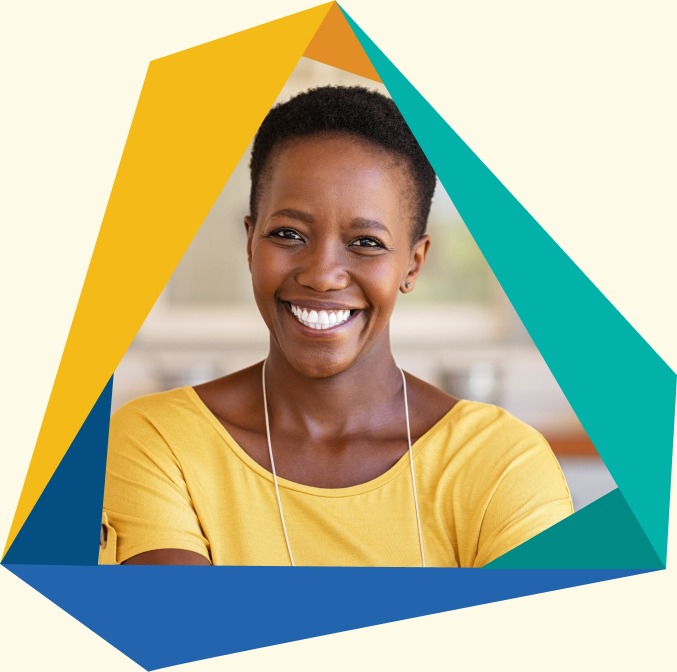 Customer portrait in OneBlinc's colorful geometric brand frame