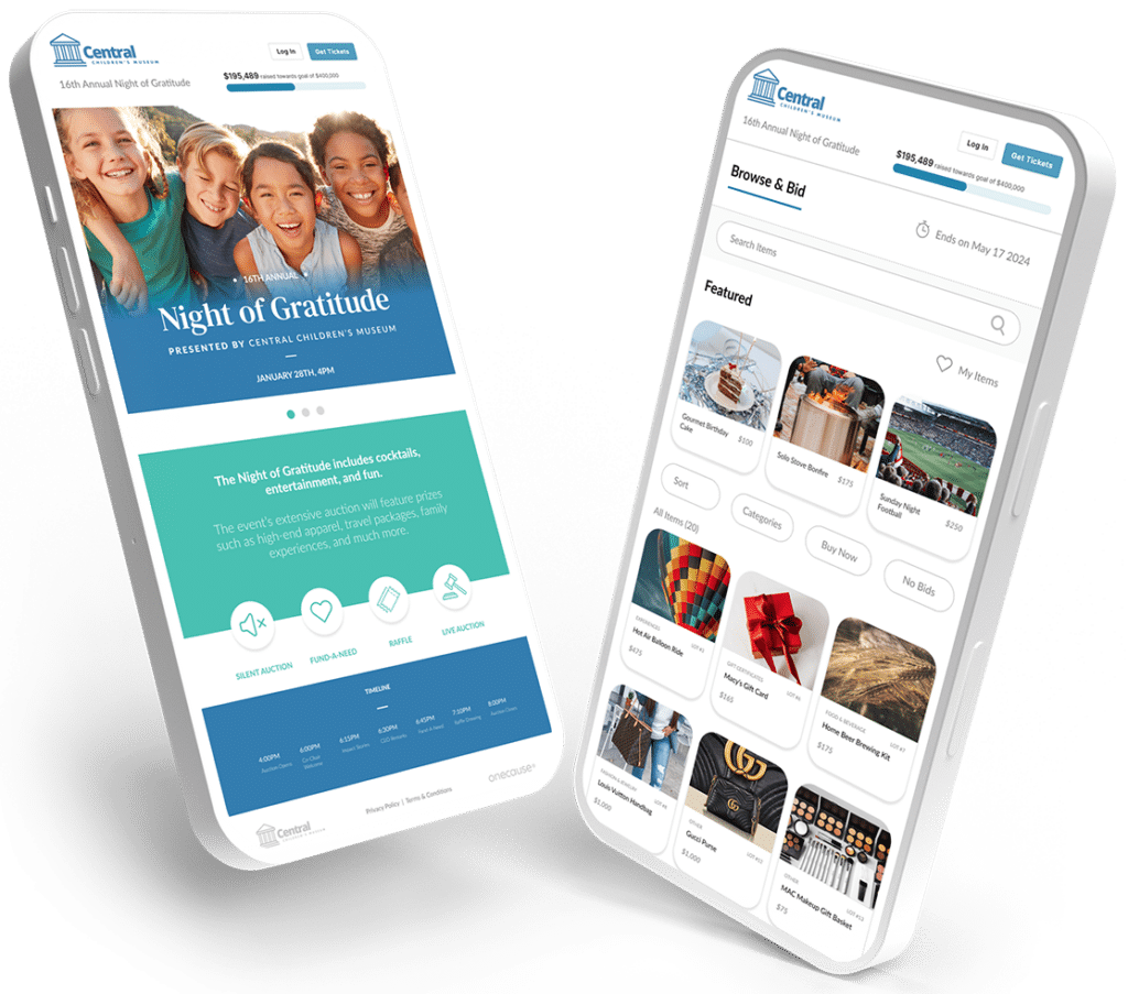 OneCause product mockup showing fundraising interfaces on two phones
