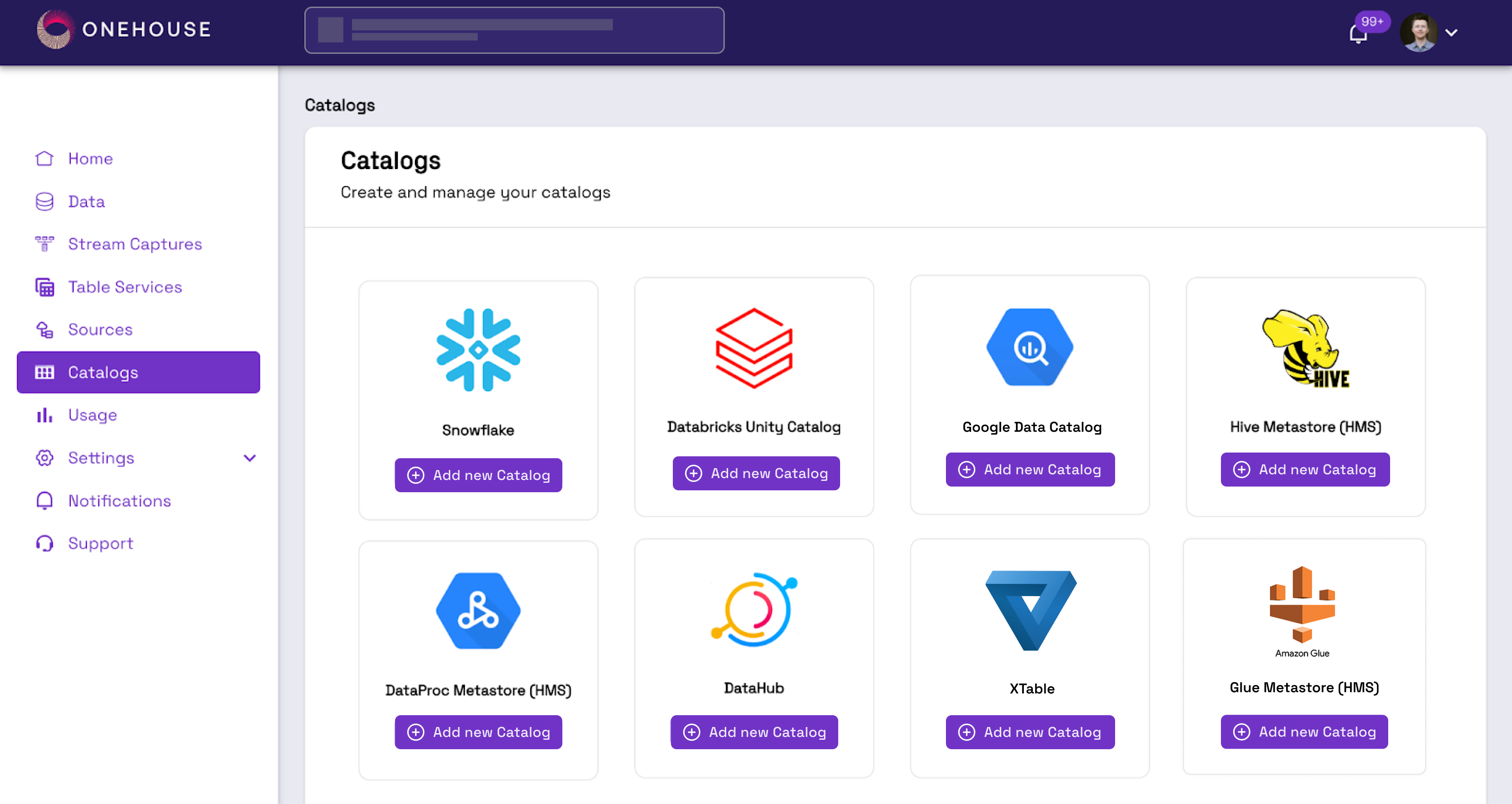 Onehouse catalog management screen showing integrations with Snowflake, Databricks, Google Data Catalog, Hive, and AWS Glue