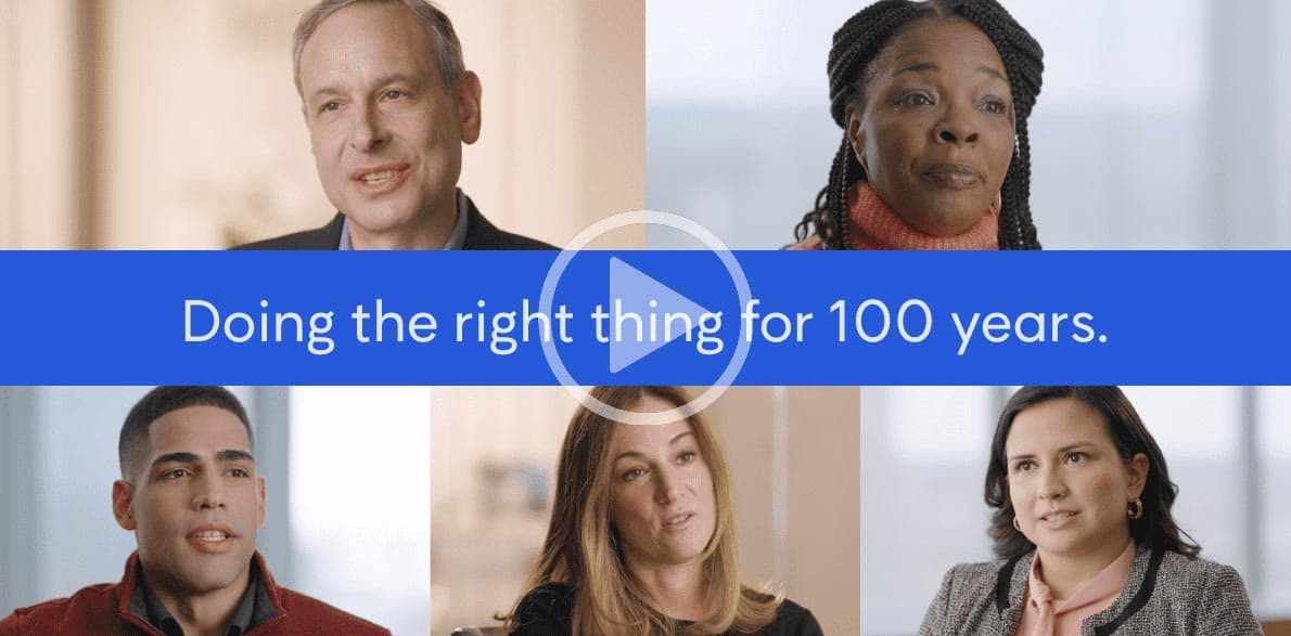 Five people appear in a company video montage with a central blue title strip