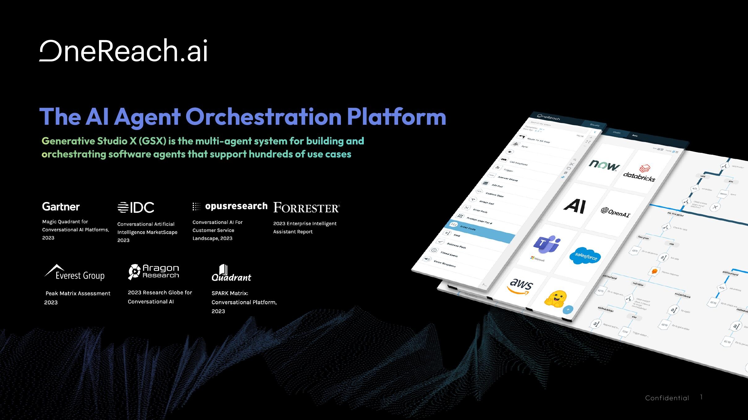 OneReach.ai GSX product interfaces showing integrations and a visual workflow builder