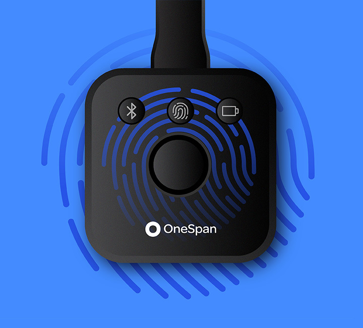 OneSpan Digipass FX1 biometric security key on a blue background