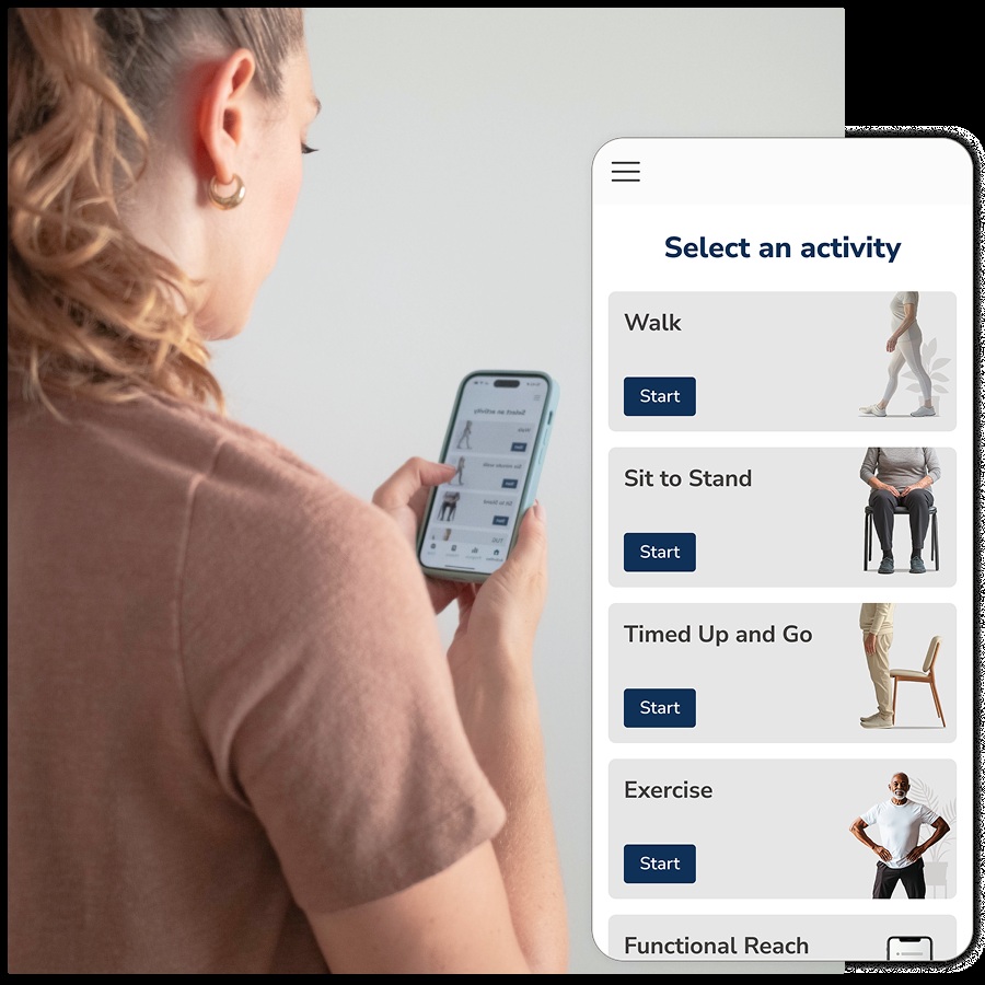 OneStep patient application showing walking and functional assessment activities