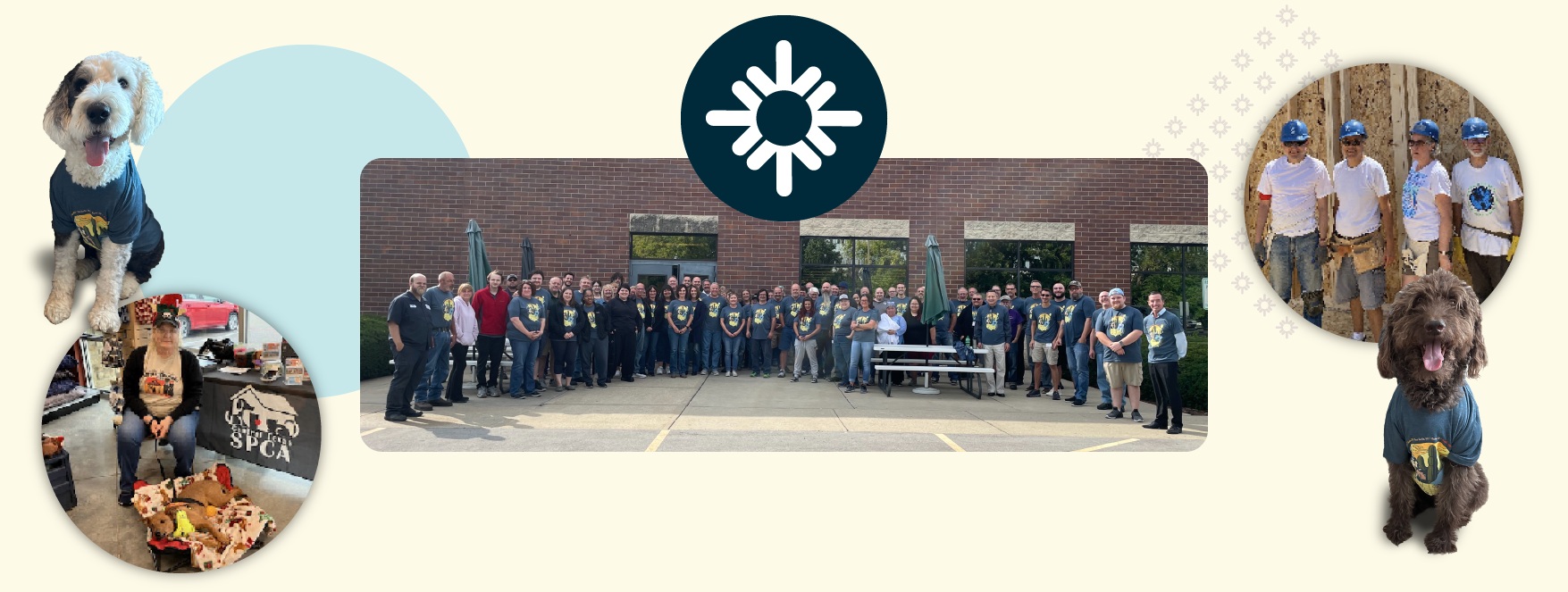 OneTouchPoint company collage showing employees outside a building, community activities and two dogs