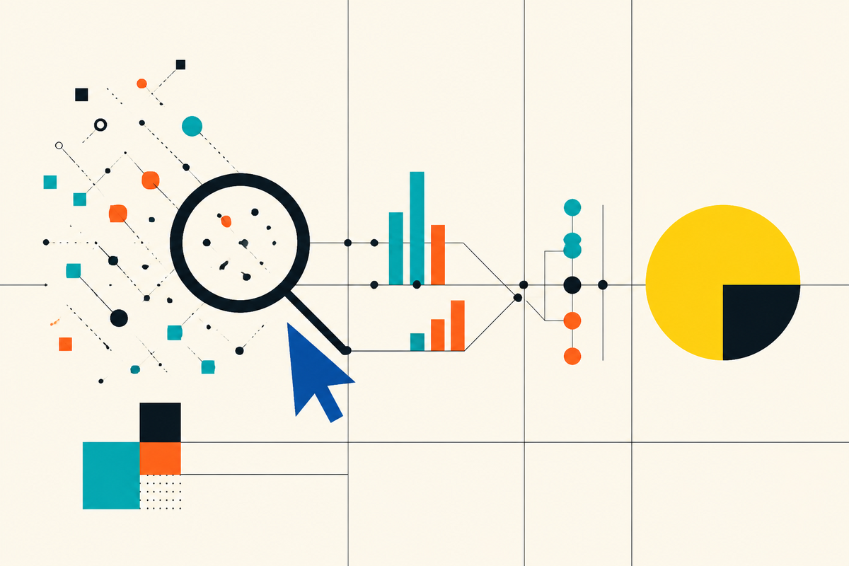 Abstract Swiss-style illustration showing scattered digital signals flowing through analytics into a single result