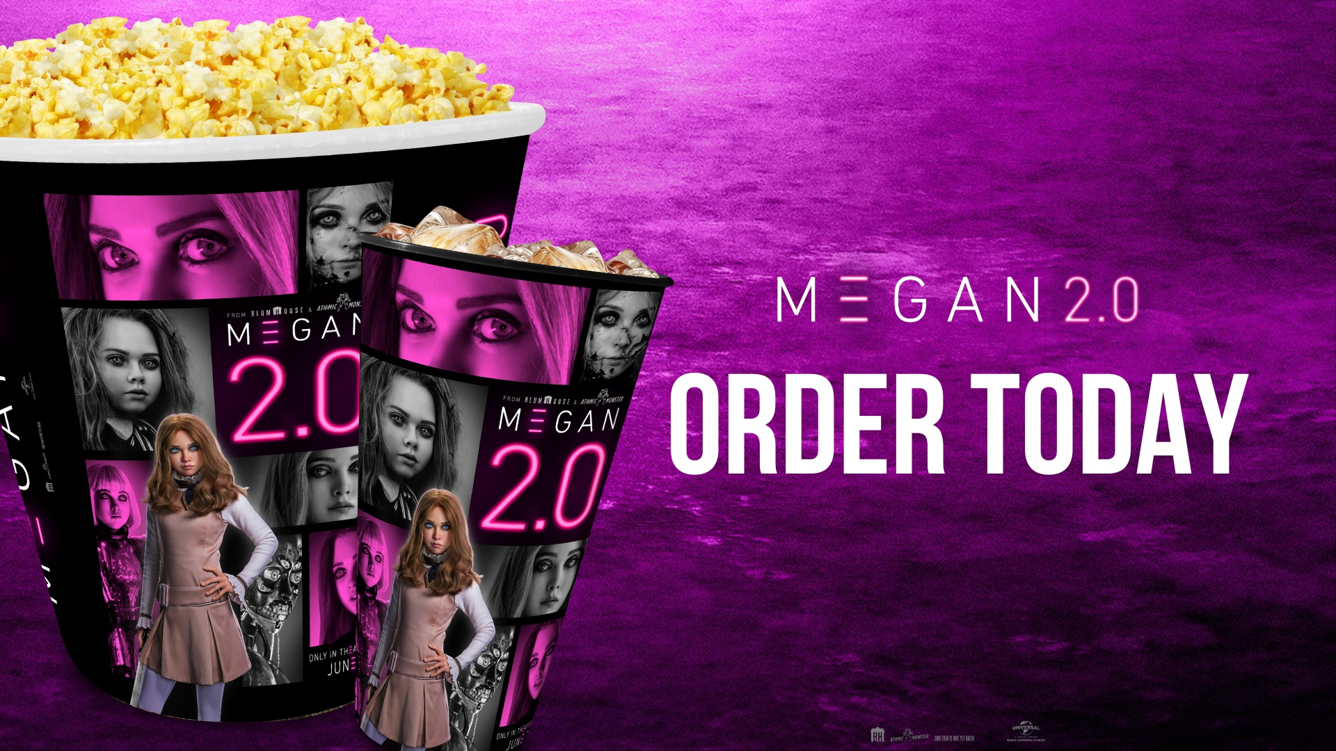 Onni Creative promotional image showing M3GAN 2.0 popcorn and drink containers