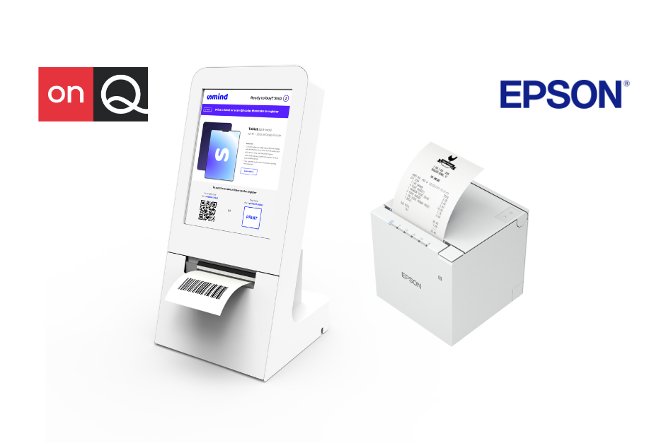 OnQ Take-a-Ticket kiosk beside an Epson thermal receipt printer