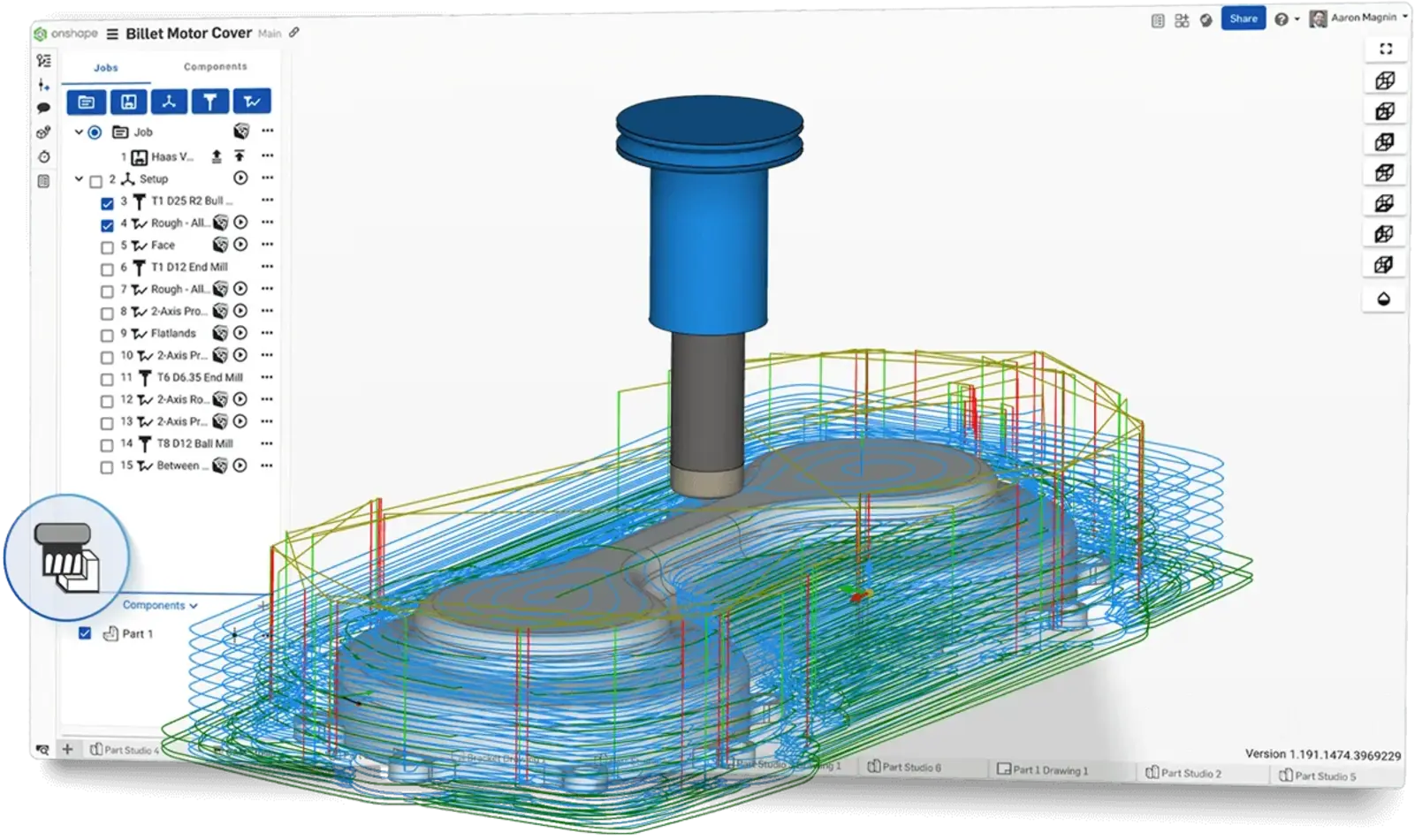 Onshape CAM Studio showing a machining tool and colored toolpaths around a motor cover