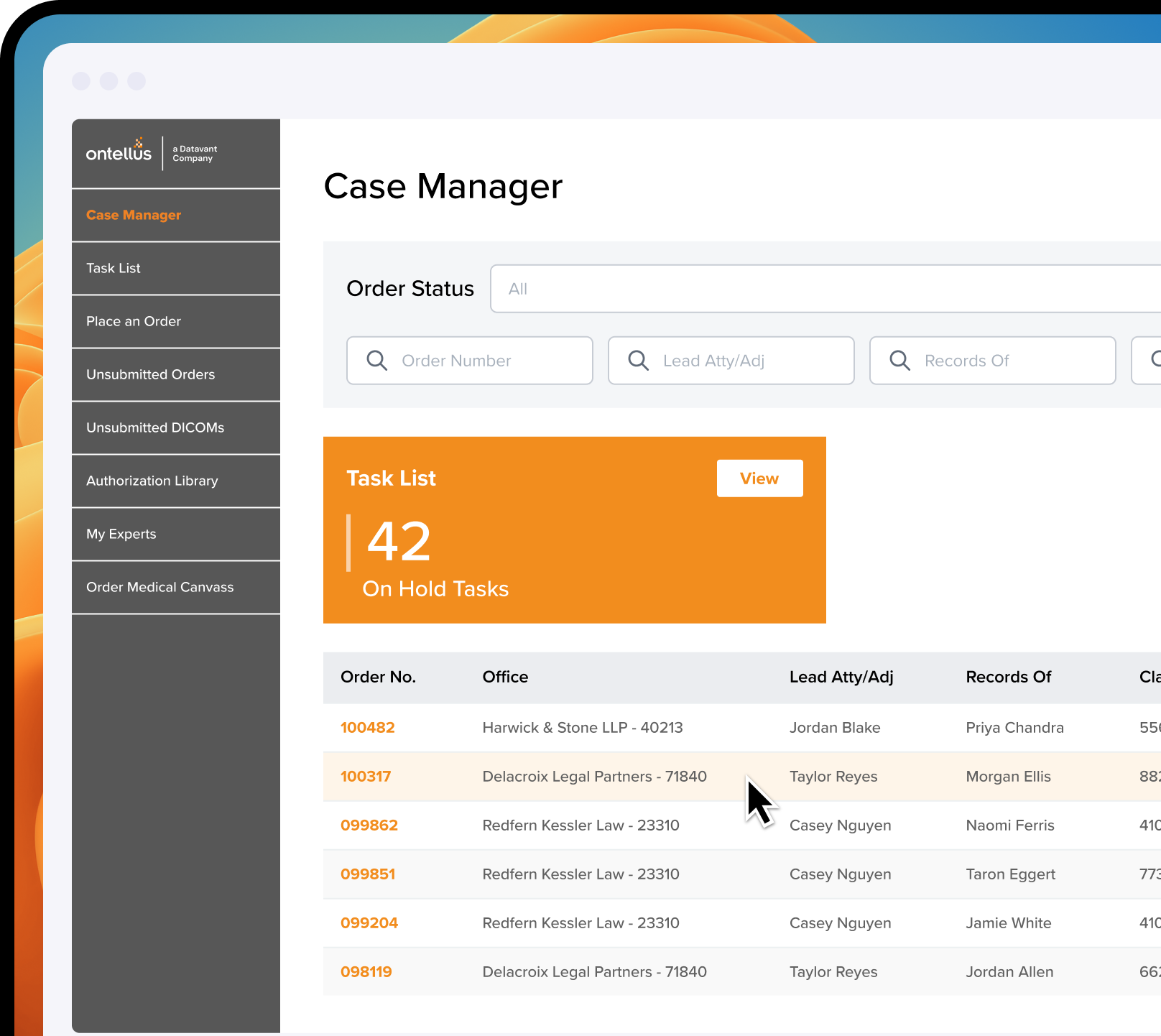Ontellus illustrative Case Manager screen showing orders, search fields and a task list
