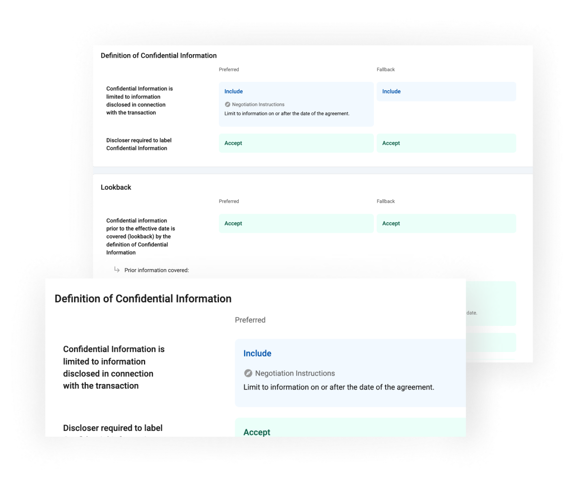 Ontra Accord interface showing preferred and fallback positions for confidential-information clauses