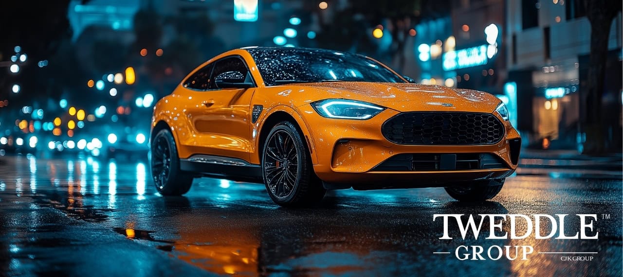 An AI-generated orange vehicle on a rain-soaked street, created by Tweddle Group