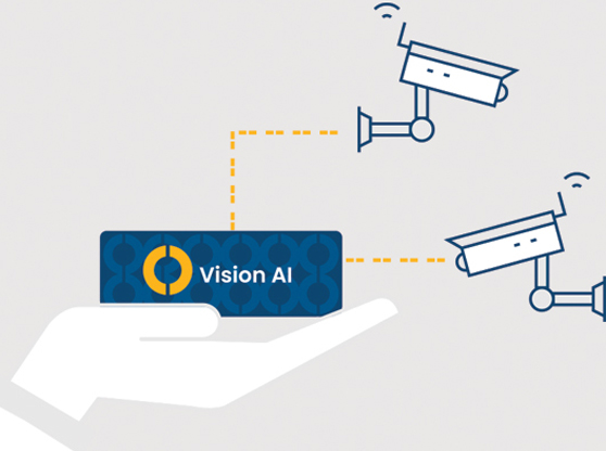 Oosto illustration showing a small Vision AI device linked to security cameras